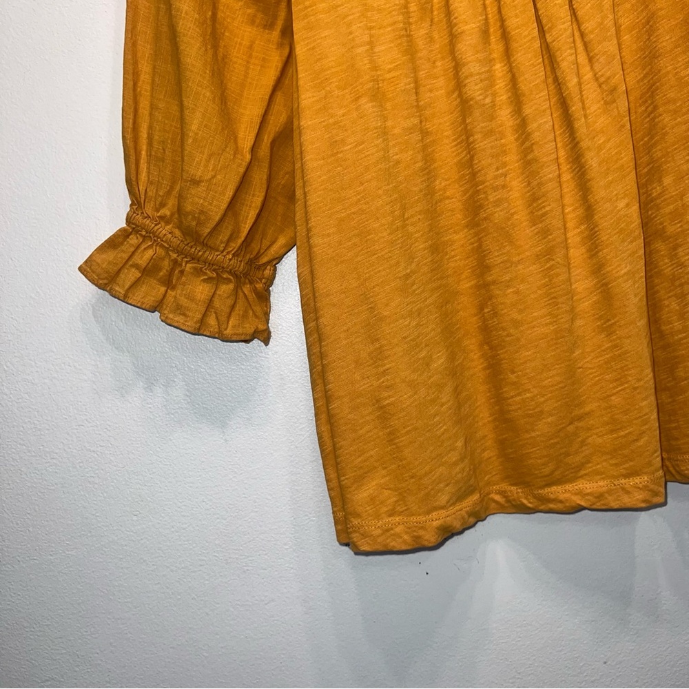 Anthropologie Smocked 3/4 Puff Sleeve (woven) Shirt (knit) Mustard Yellow L - Picture 5 of 10